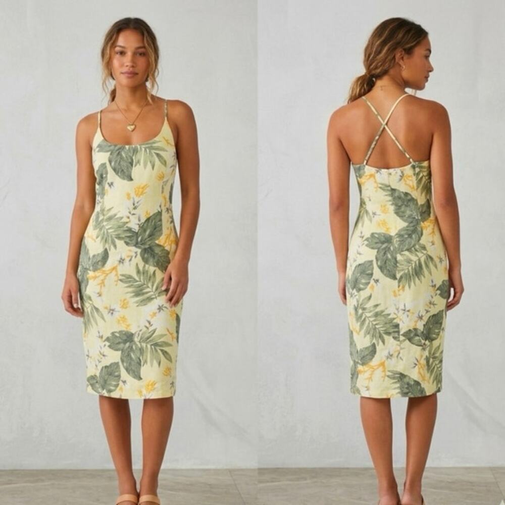 VTG Jones New York Tropical Linen Sheath Dress 16 Yellow Palm Leaf Floral 90s